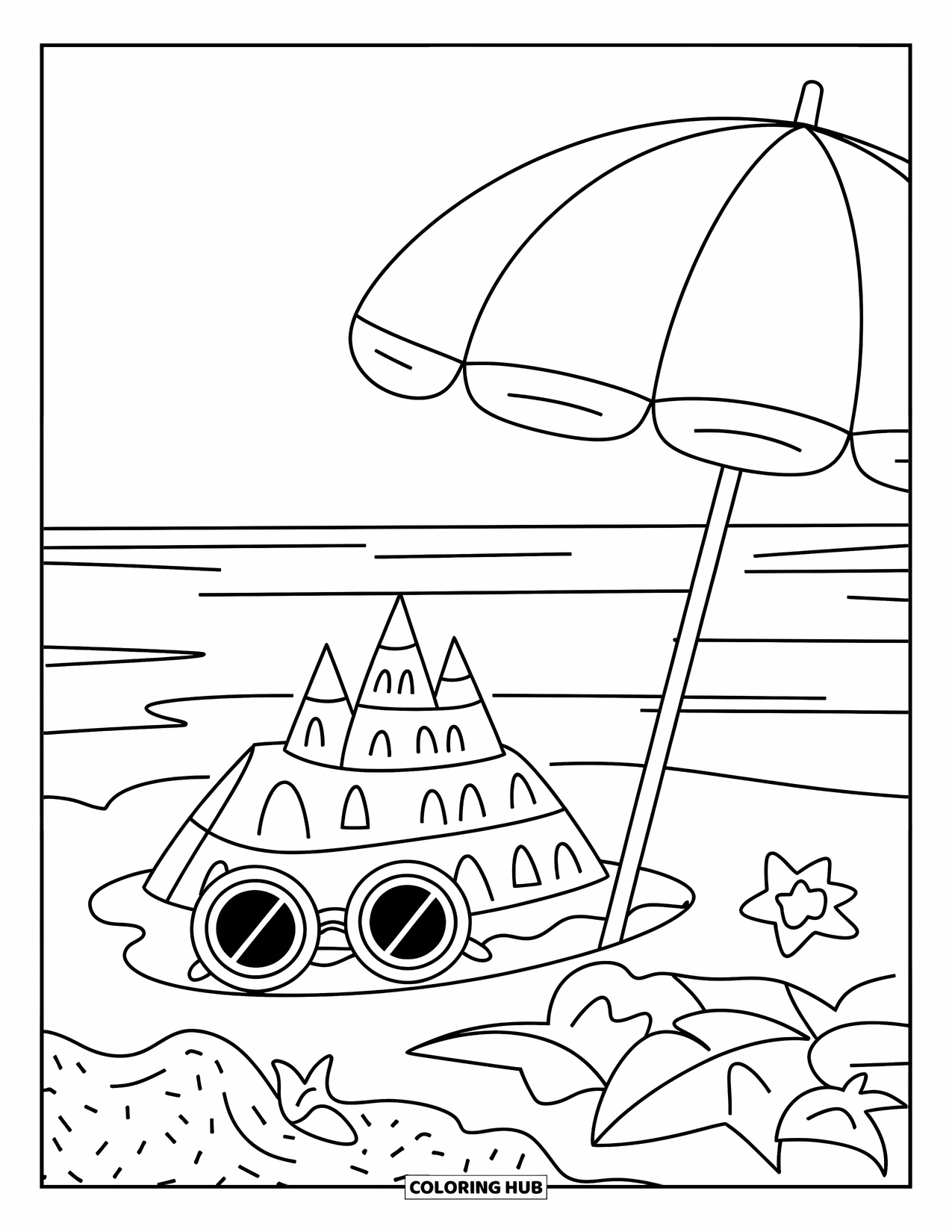 Travel Coloring Page for Kids: A beach umbrella shades a sandcastle and sunglasses on soft golden sand
