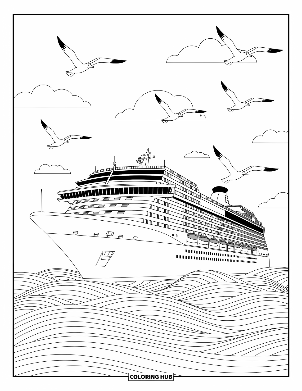 Travel Coloring Page for Kids: A big cruise ship floats gently on wavy water with happy little seagulls nearby