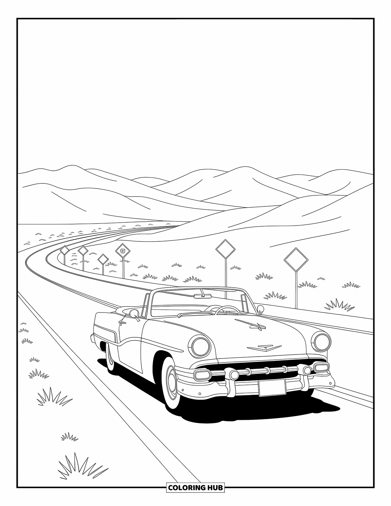 Travel Coloring Page for Kids: A car winds through the desert with fun road signs and soft sunlit dunes