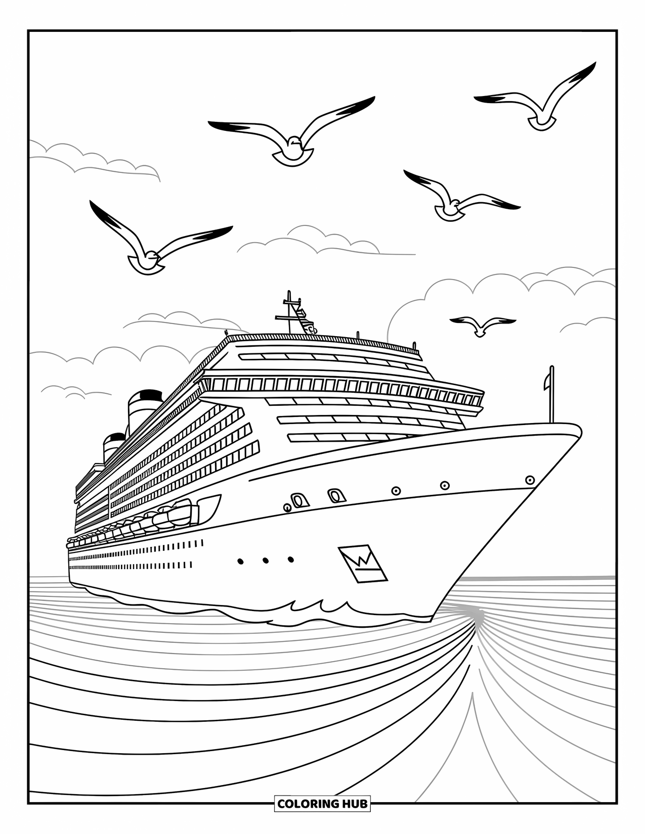 Travel Coloring Page for Kids: A cozy ship sails through gentle waters with seagulls dancing above
