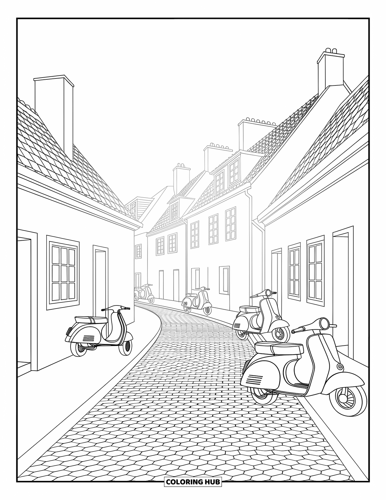 Travel Coloring Page for Kids: A cozy street of scooters and cute buildings basking in soft golden sunlight
