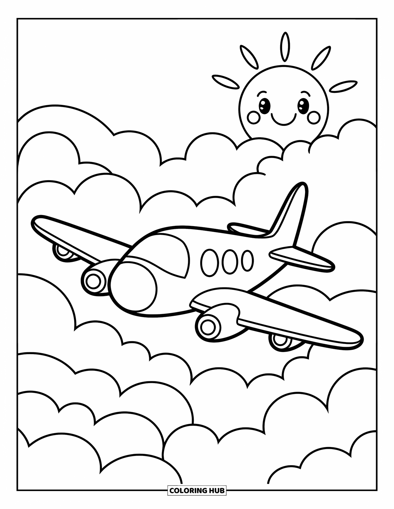 Travel Coloring Page for Kids: A happy sun watches a plane fly over soft clouds on a bright day