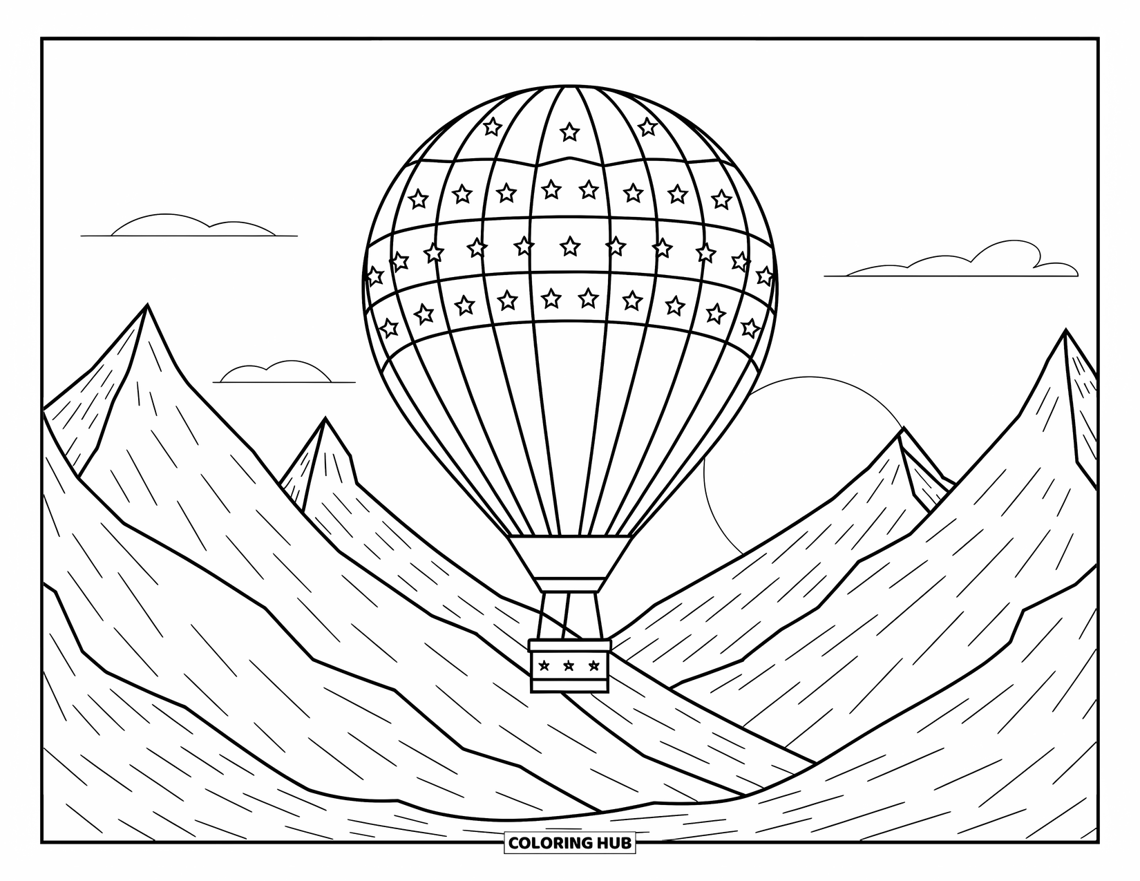 Travel Coloring Page for Kids: A hot air balloon floats above snowy mountains with stars and stripes on its fabric