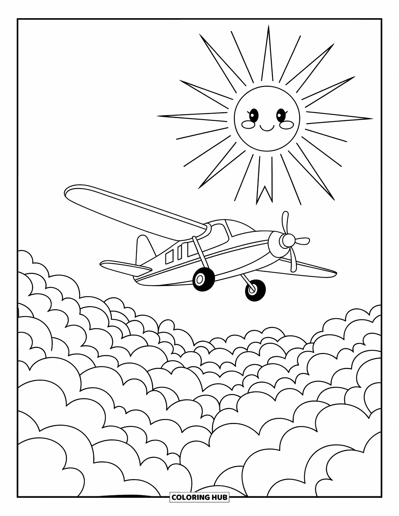 Travel Coloring Page for Kids: A little plane flies high over puffy clouds with a warm sun beaming down