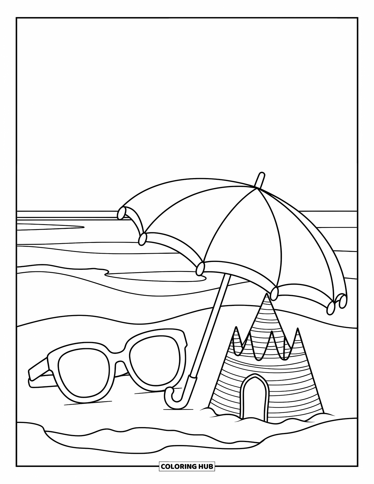 Travel Coloring Page for Kids: A playful umbrella, sandcastle, and sunglasses sit under the sunny beach sky