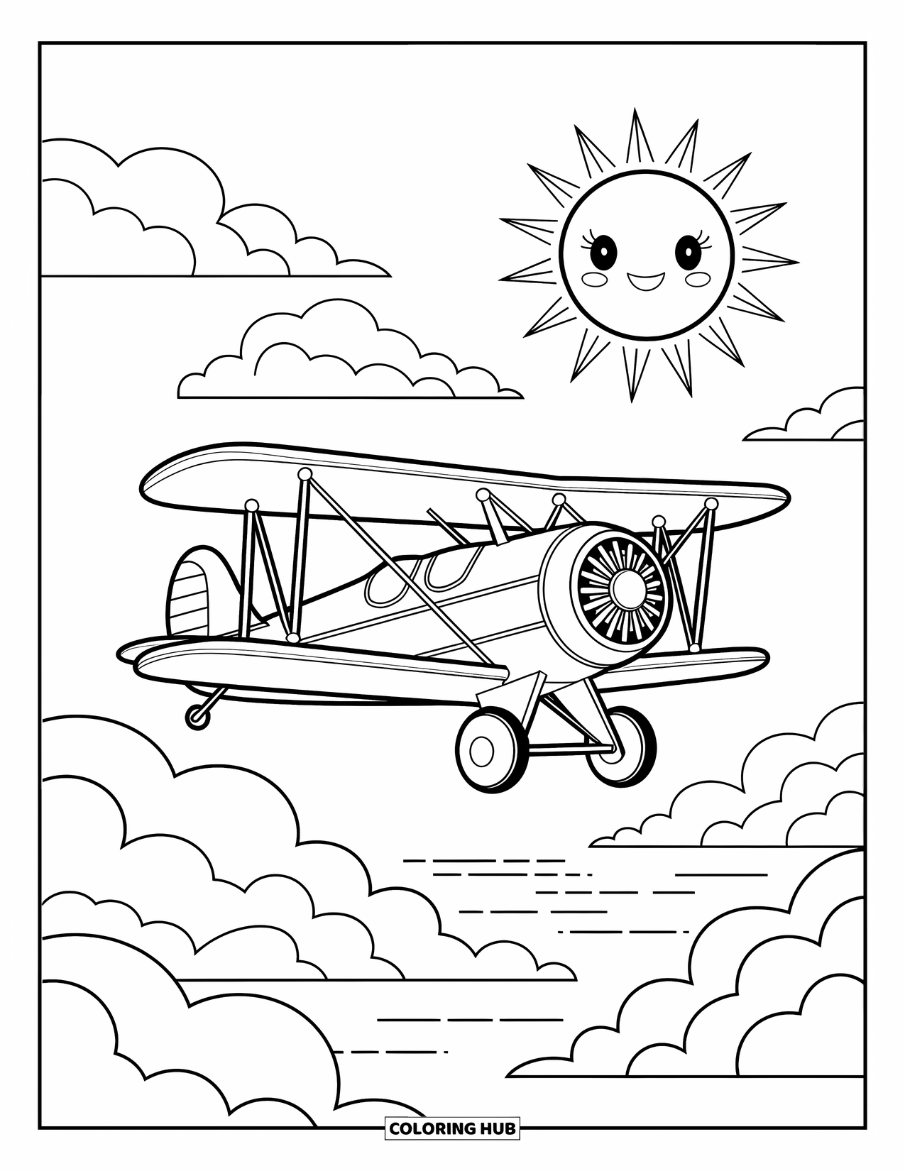 Travel Coloring Page for Kids: A small airplane soars above fluffy clouds with a smiling sun lighting the sky