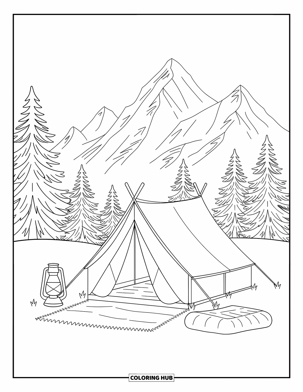Travel Coloring Page for Kids: A small tent glows beside a lantern with mountains gently rising in the distance