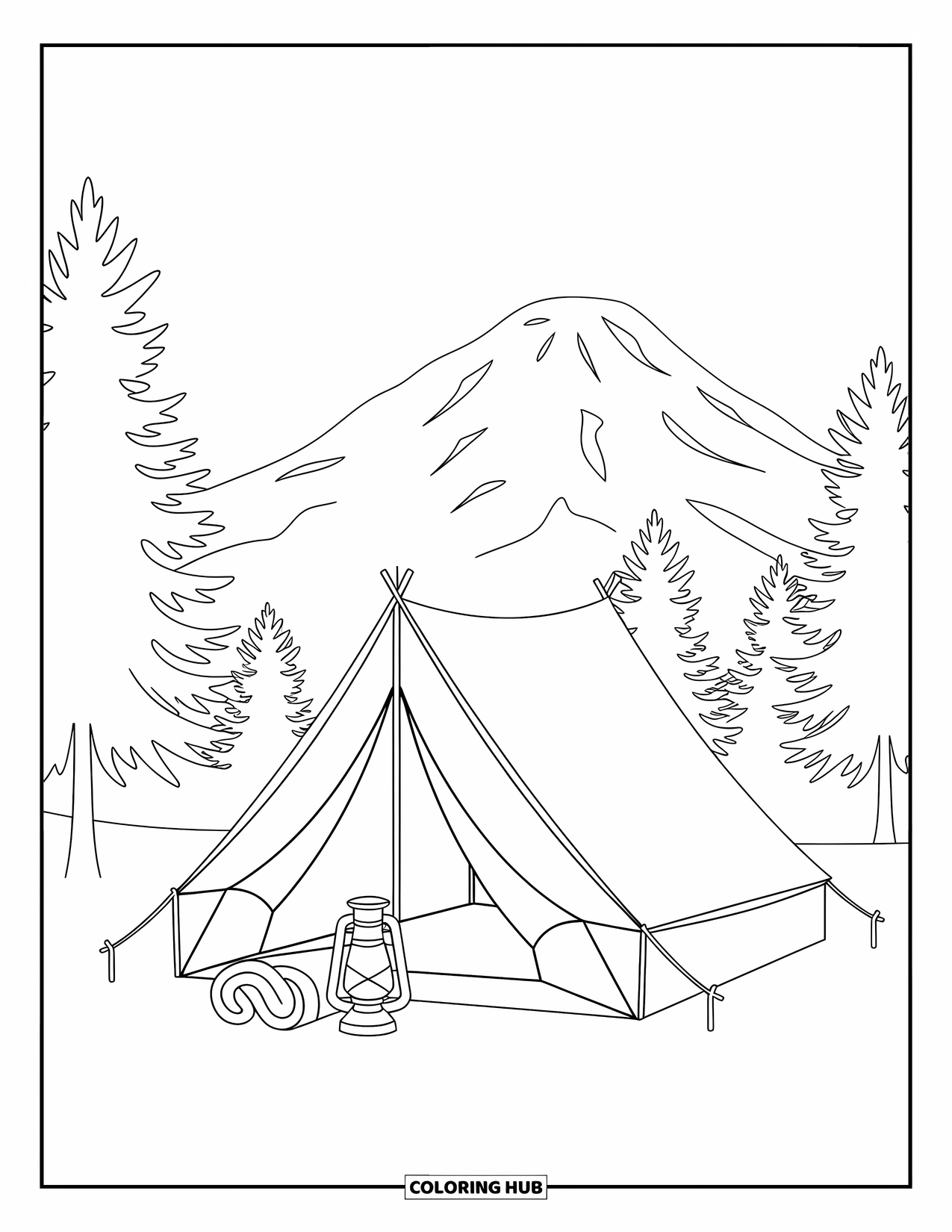 Travel Coloring Page for Kids: A soft tent, sleeping bag, and mountain scene perfect for peaceful outdoor adventures