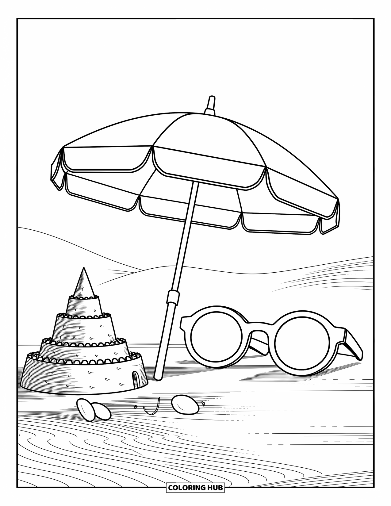 Travel Coloring Page for Kids: A striped umbrella and sandcastle with sunglasses create a cheerful beach scene