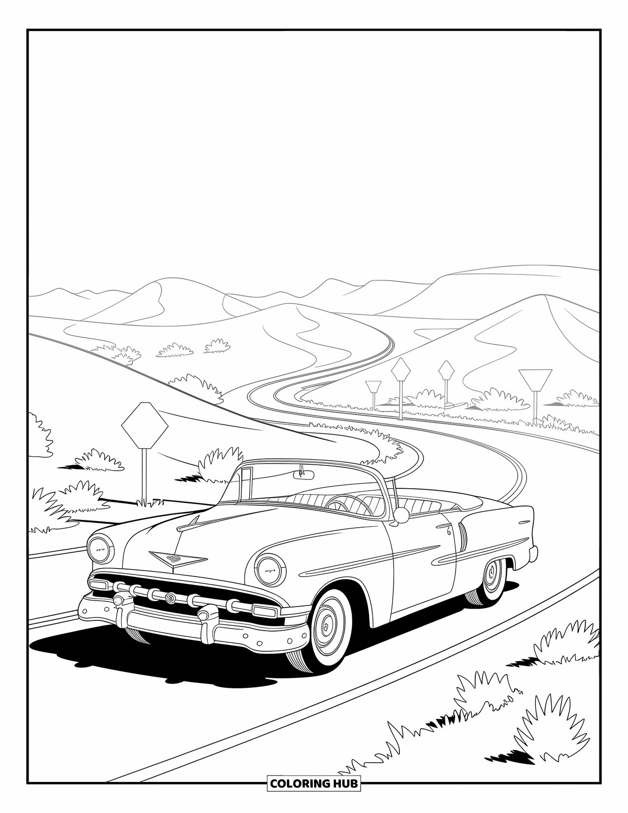 Travel Coloring Page for Kids: A vintage convertible drives through a sunny desert road trip with playful road signs