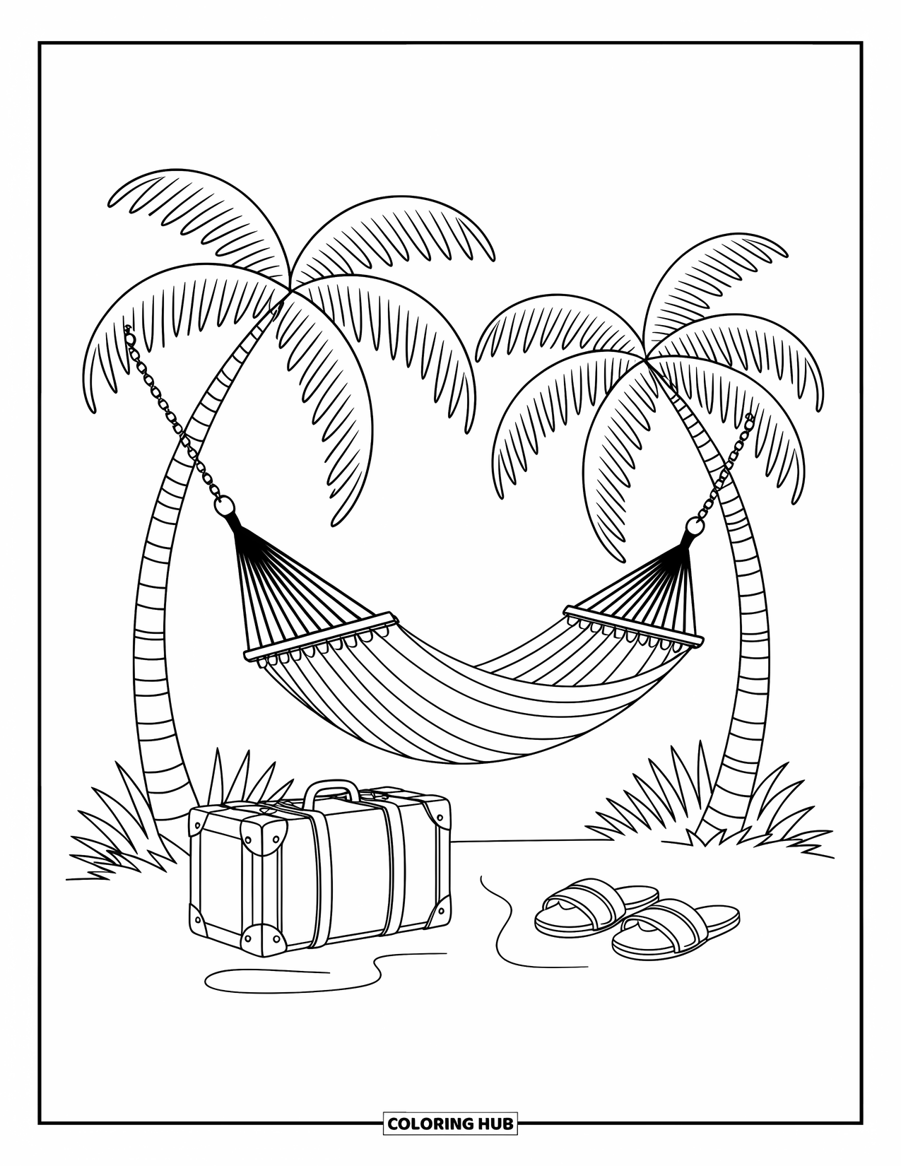 Travel Coloring Page for Kids: Palm trees shade a hammock, suitcase, and sandals on soft beach sand