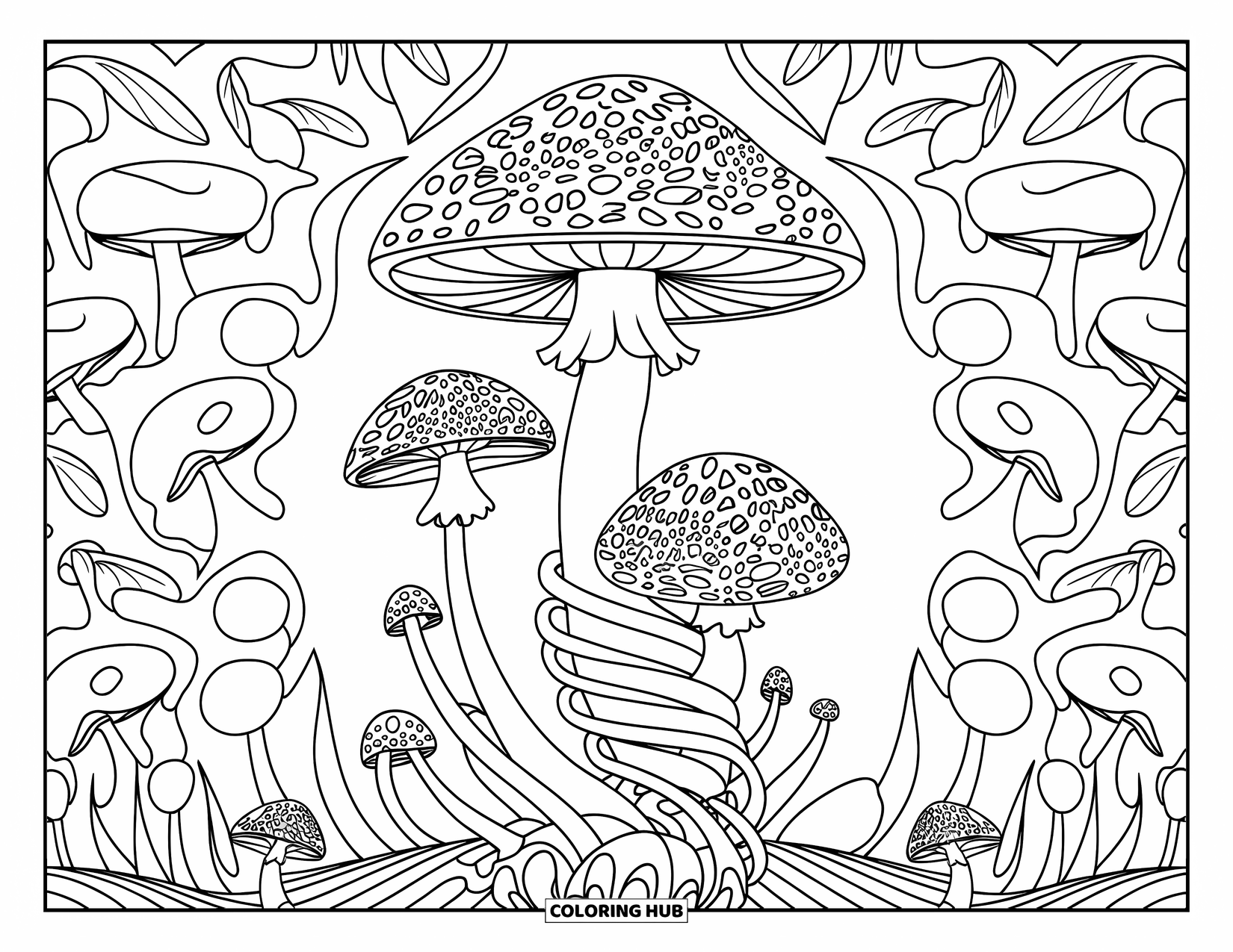 Trippy Mushroom Coloring Page for Adults: A big patterned mushroom rises from spiral roots with leaves and mushrooms behind it