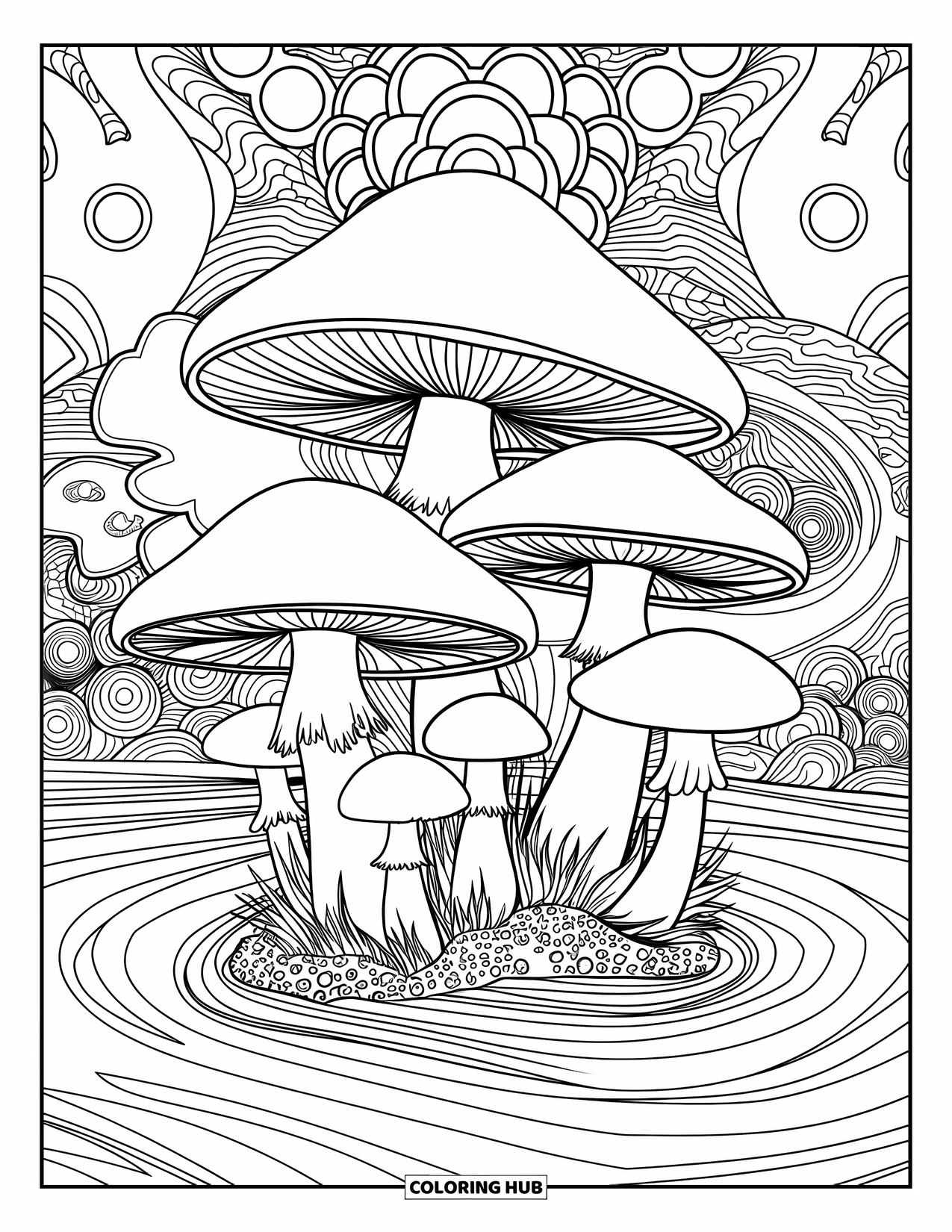 Trippy Mushroom Coloring Page for Adults: A cluster of trippy mushrooms grows from swirling ground textures and bold outlines