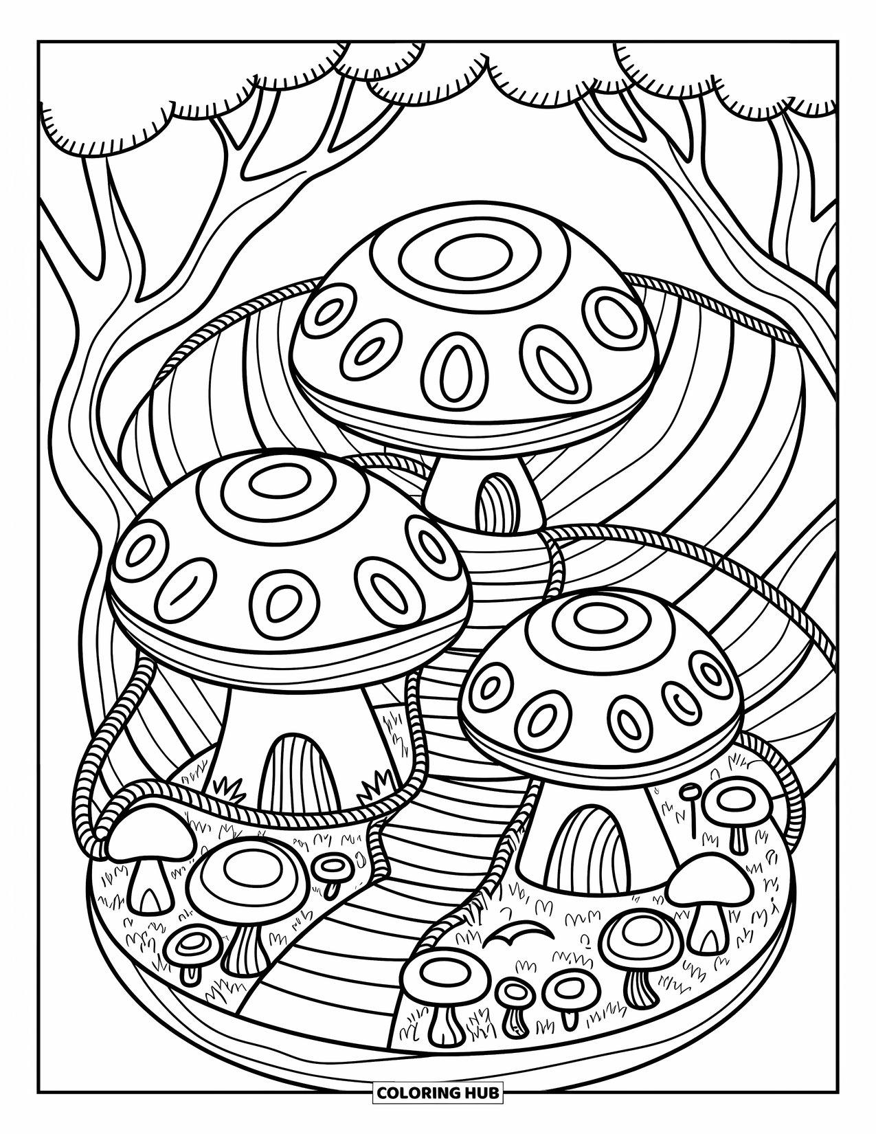 Trippy Mushroom Coloring Page for Adults: A cozy mushroom village with rope bridges blooms in a grove of swirling trees
