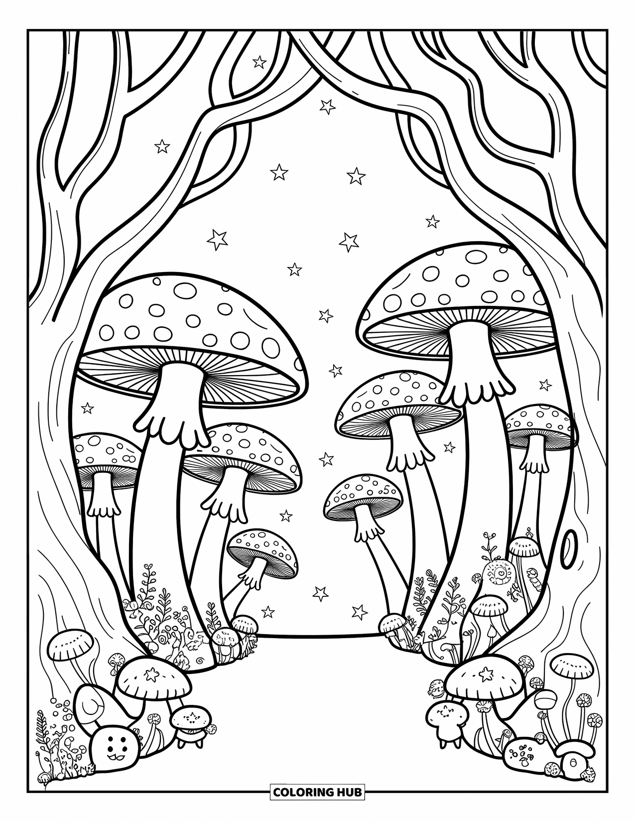 Trippy Mushroom Coloring Page for Adults: A dreamy portal is lined with mushroom pillars and floating stars in a cute scene