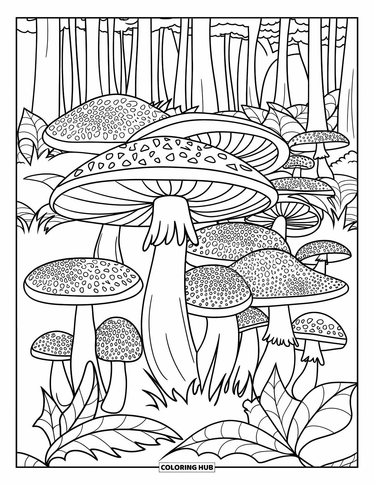 Trippy Mushroom Coloring Page for Adults: A forest floor is filled with stacked mushrooms and big, bold swirling leaves