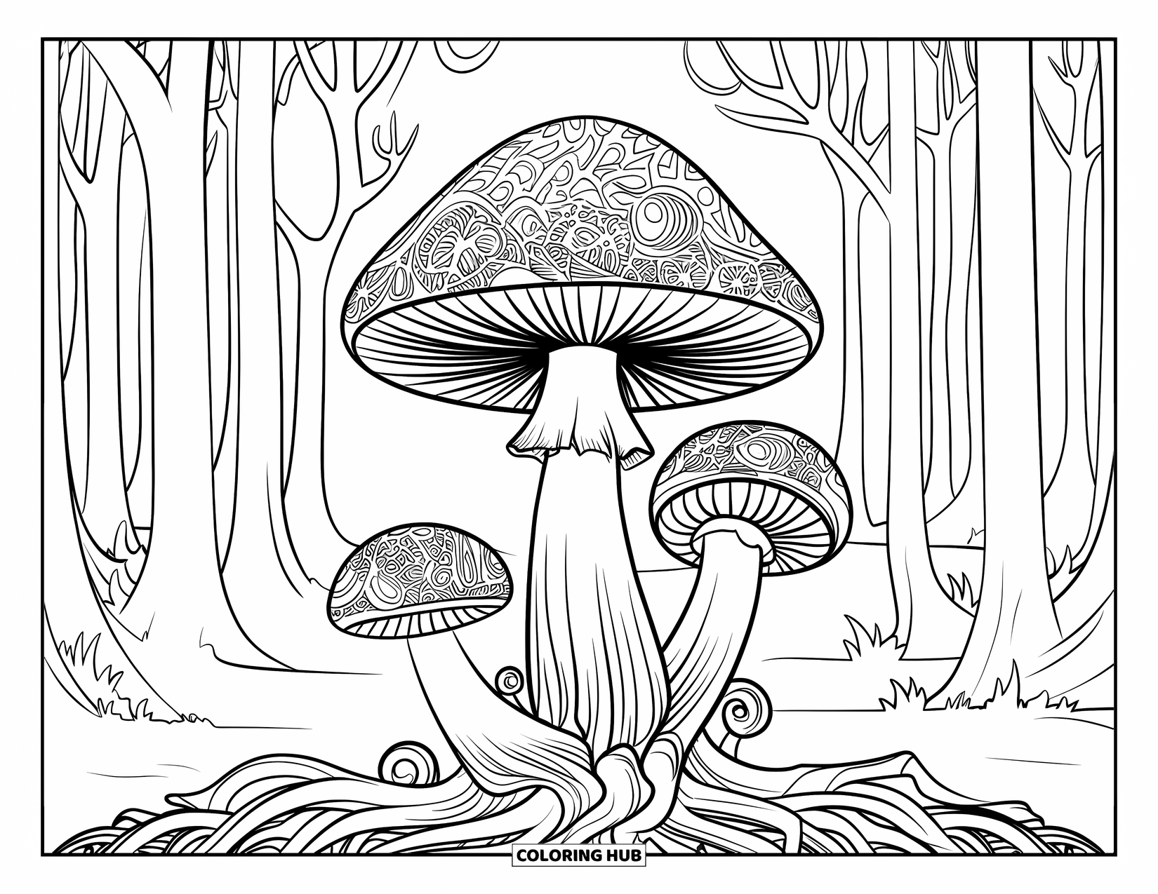 Trippy Mushroom Coloring Page for Adults: A giant mushroom with spiral roots grows among tall trees in a peaceful forest