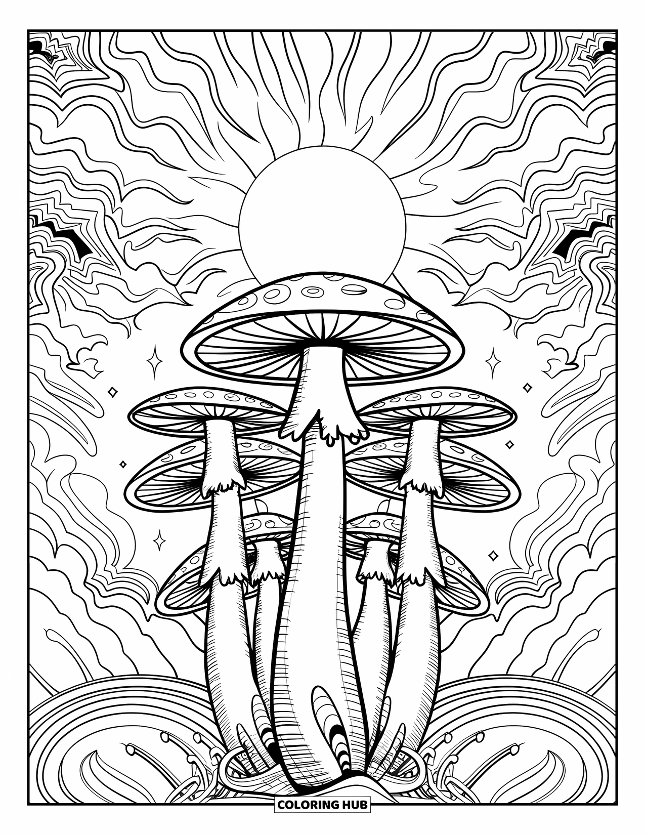 Trippy Mushroom Coloring Page for Adults: A glowing moon floats above tall mushrooms with waves and detailed sky rings