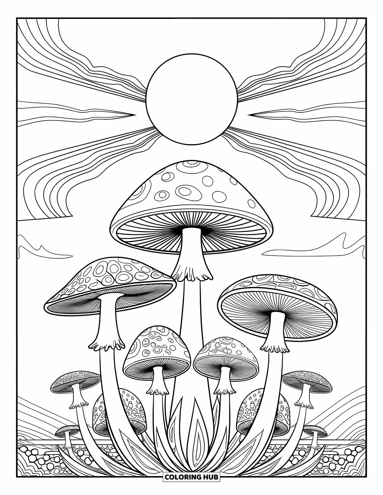 Trippy Mushroom Coloring Page for Adults: A glowing moon lights up tall mushrooms with swirling sky rings and patterns