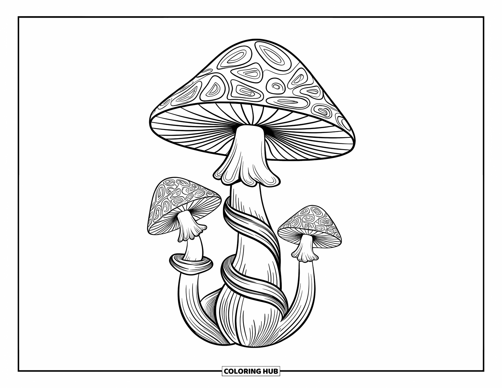 Trippy Mushroom Coloring Page for Adults: A large mushroom with swirling roots stands alone against a clean, white background