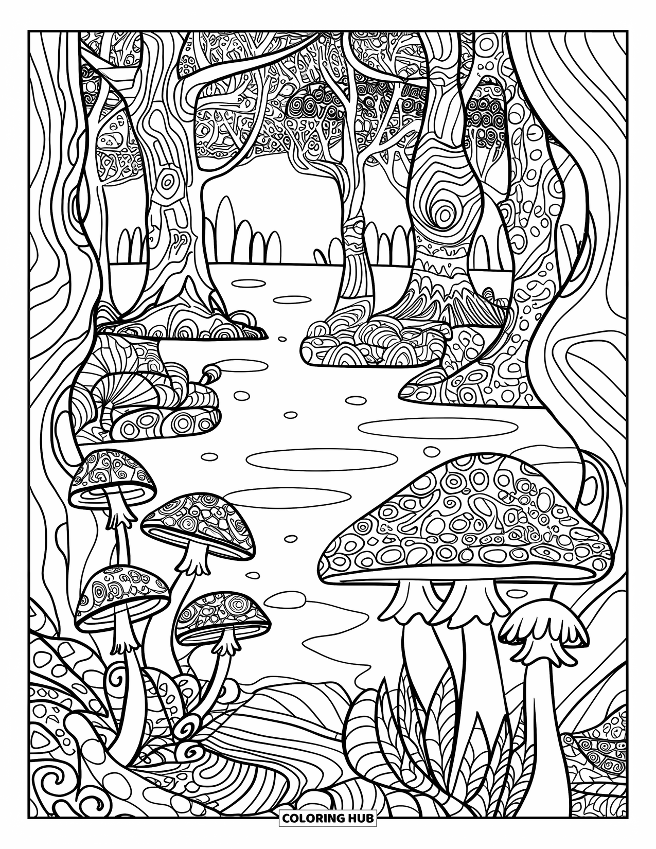 Trippy Mushroom Coloring Page for Adults: A magical forest scene with mushrooms, patterned trees, and floating islands over a lake