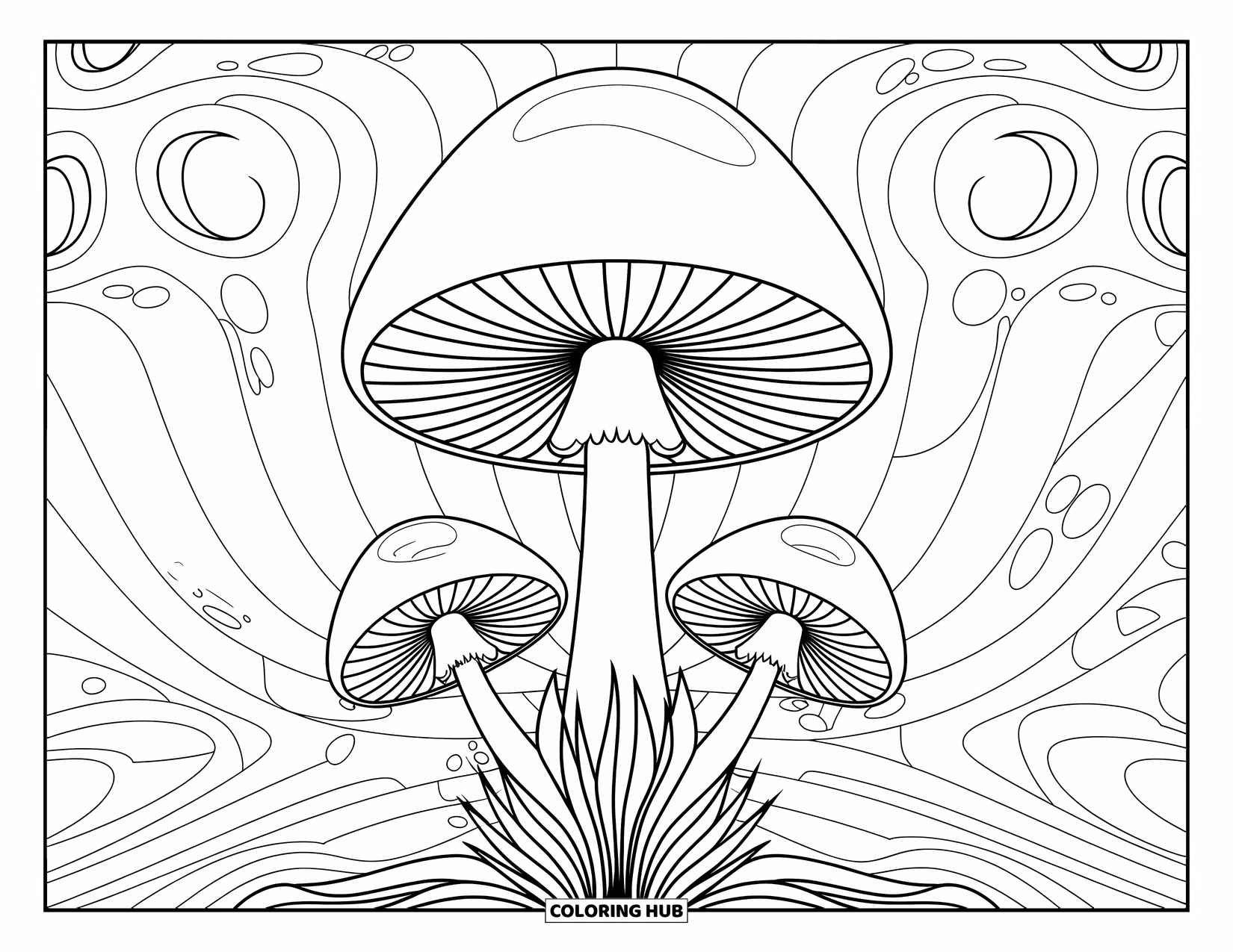 Trippy Mushroom Coloring Page for Adults: A mushroom radiates spiral lines surrounded by paisley-style swirls and trippy patterns