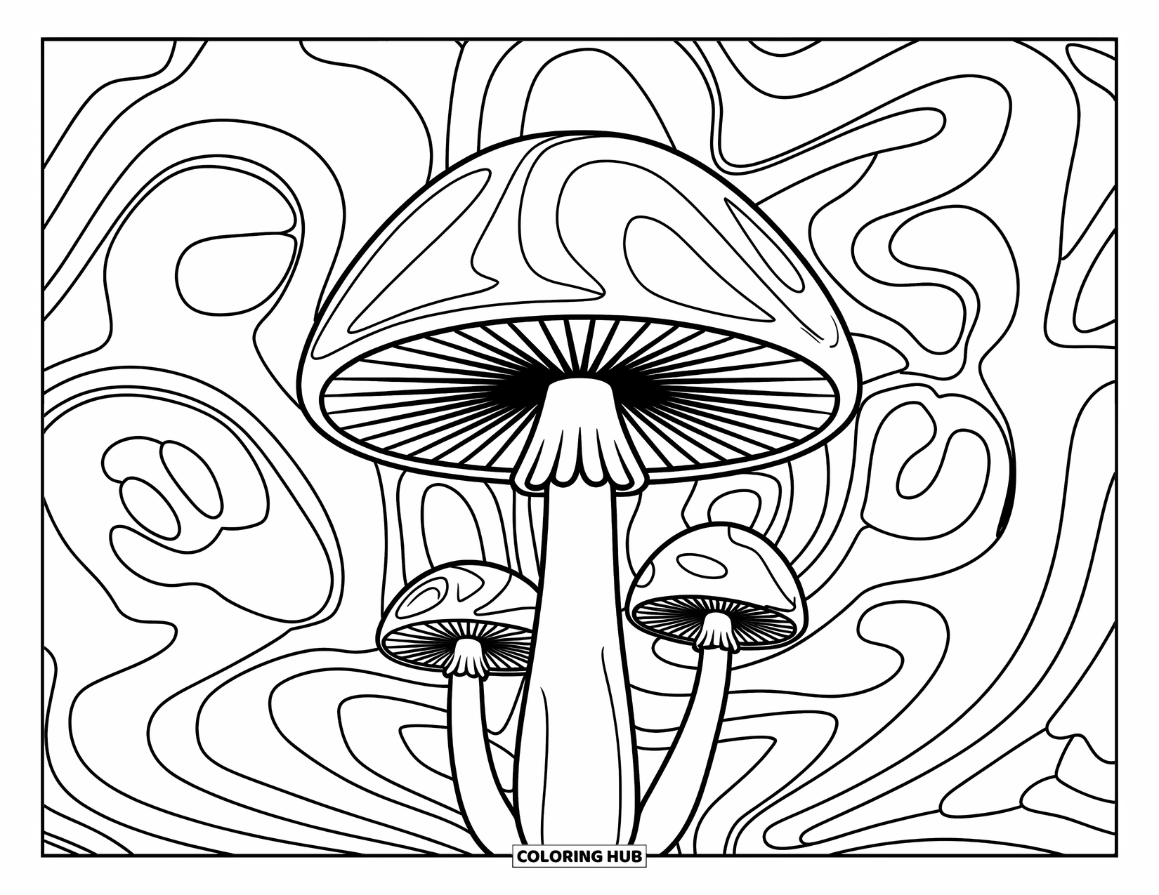 Trippy Mushroom Coloring Page for Adults: A single mushroom sits in the middle with paisley swirls all around it