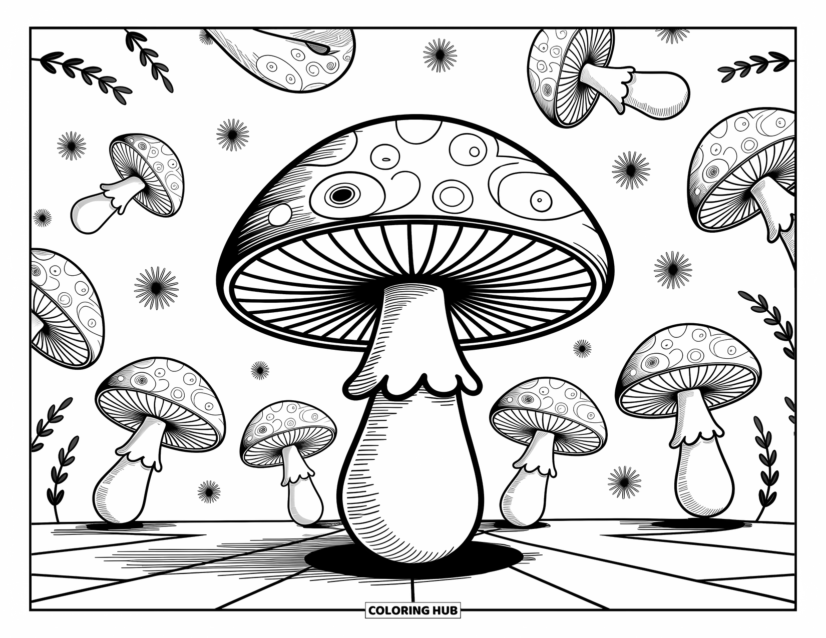 Trippy Mushroom Coloring Page for Adults: A swirling mushroom design spreads out from the center with soft curves and sweet details