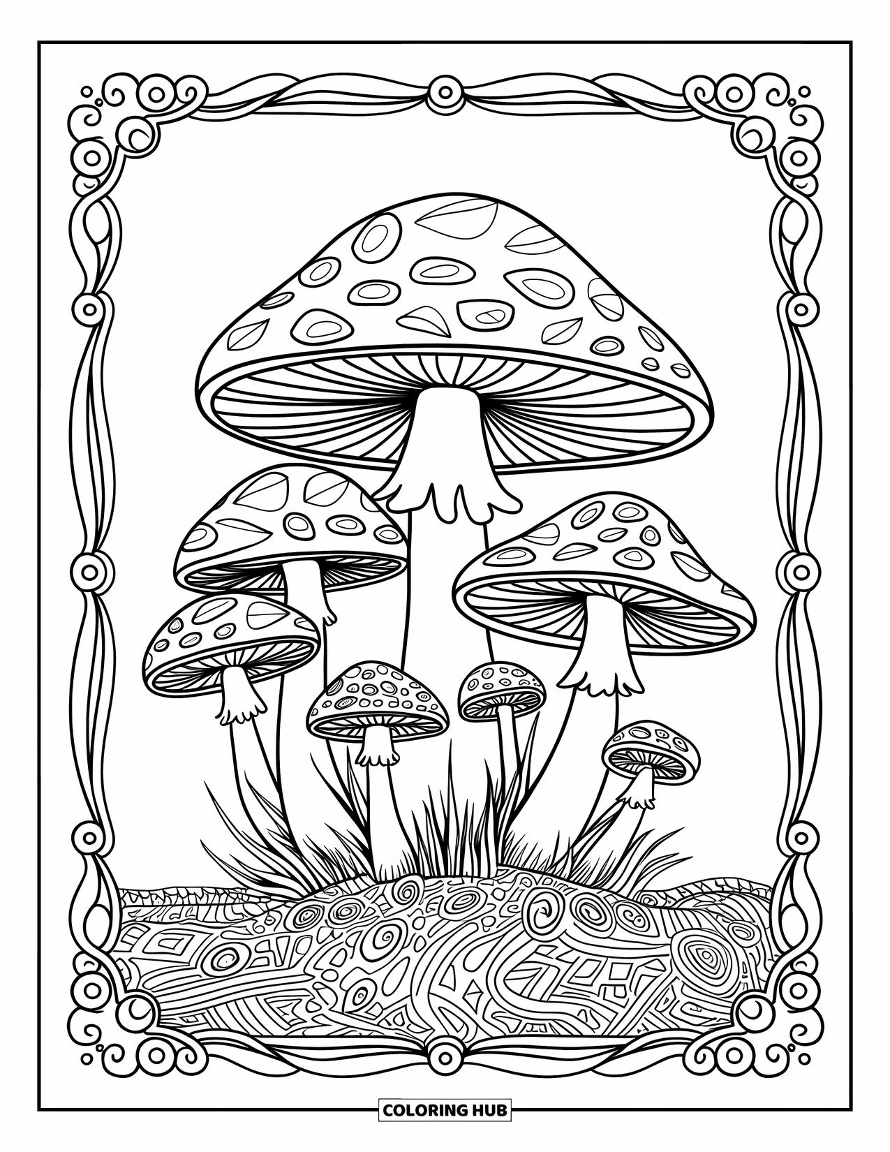 Trippy Mushroom Coloring Page for Adults: Big and small mushrooms grow from swirling ground inside a decorated border
