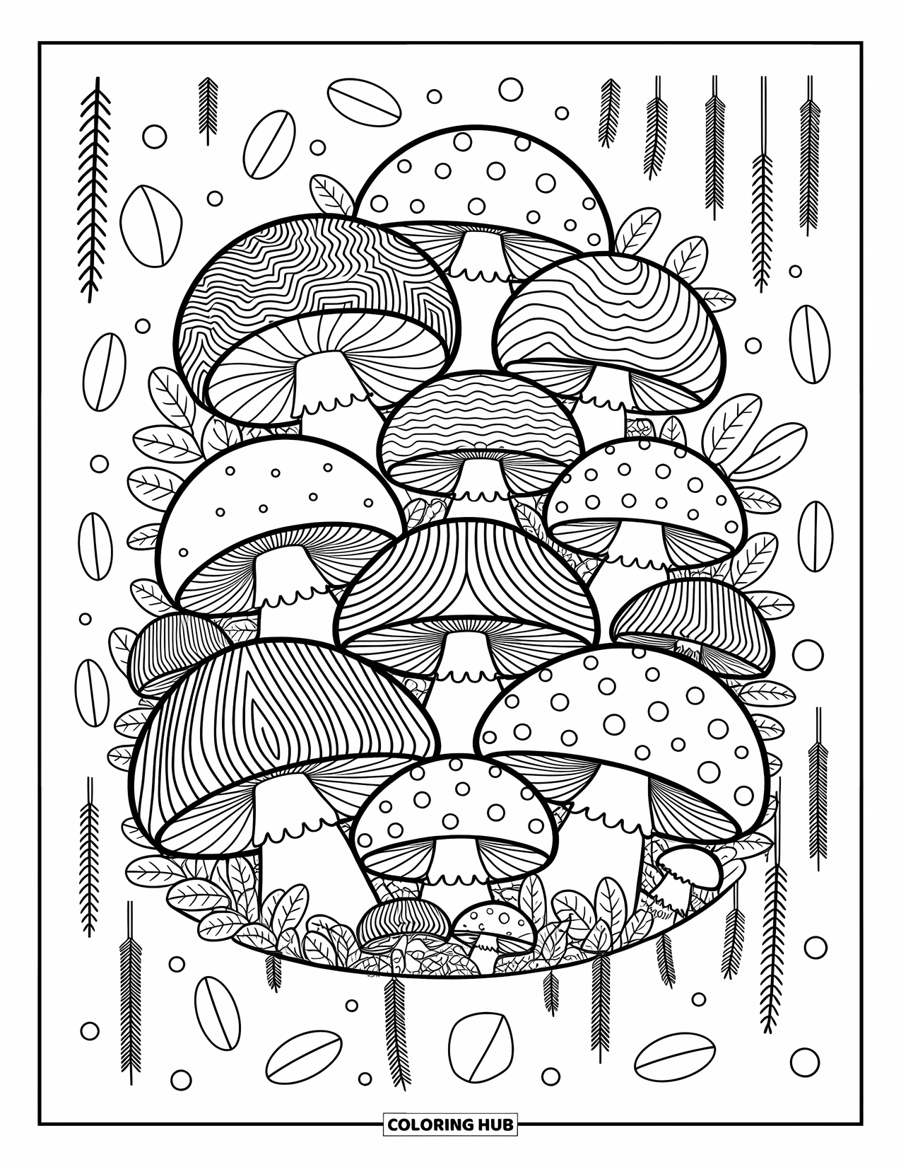 Trippy Mushroom Coloring Page for Adults: Mushrooms fill a hillside garden, each cap swirled with waves and tiny leaves