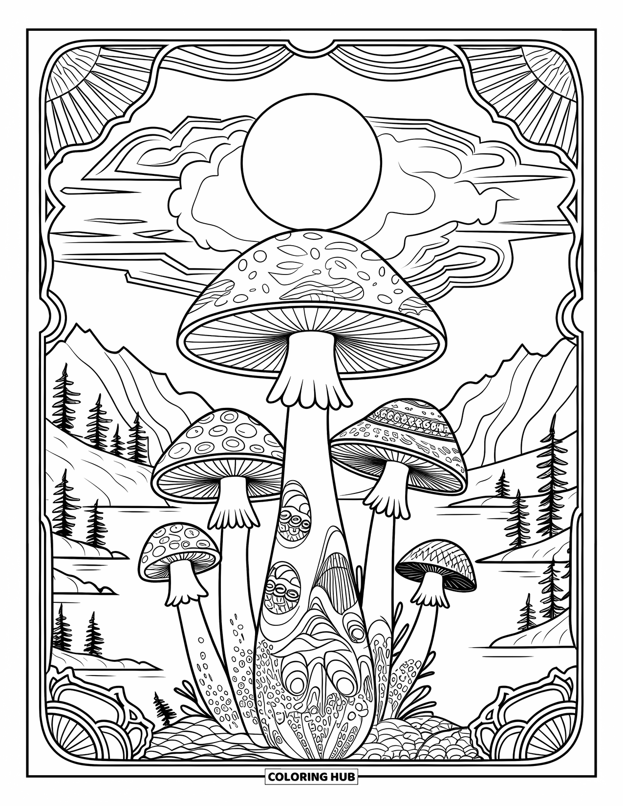 Trippy Mushroom Coloring Page for Adults: Mushrooms with sky rings stand under a glowing moon in a peaceful landscape