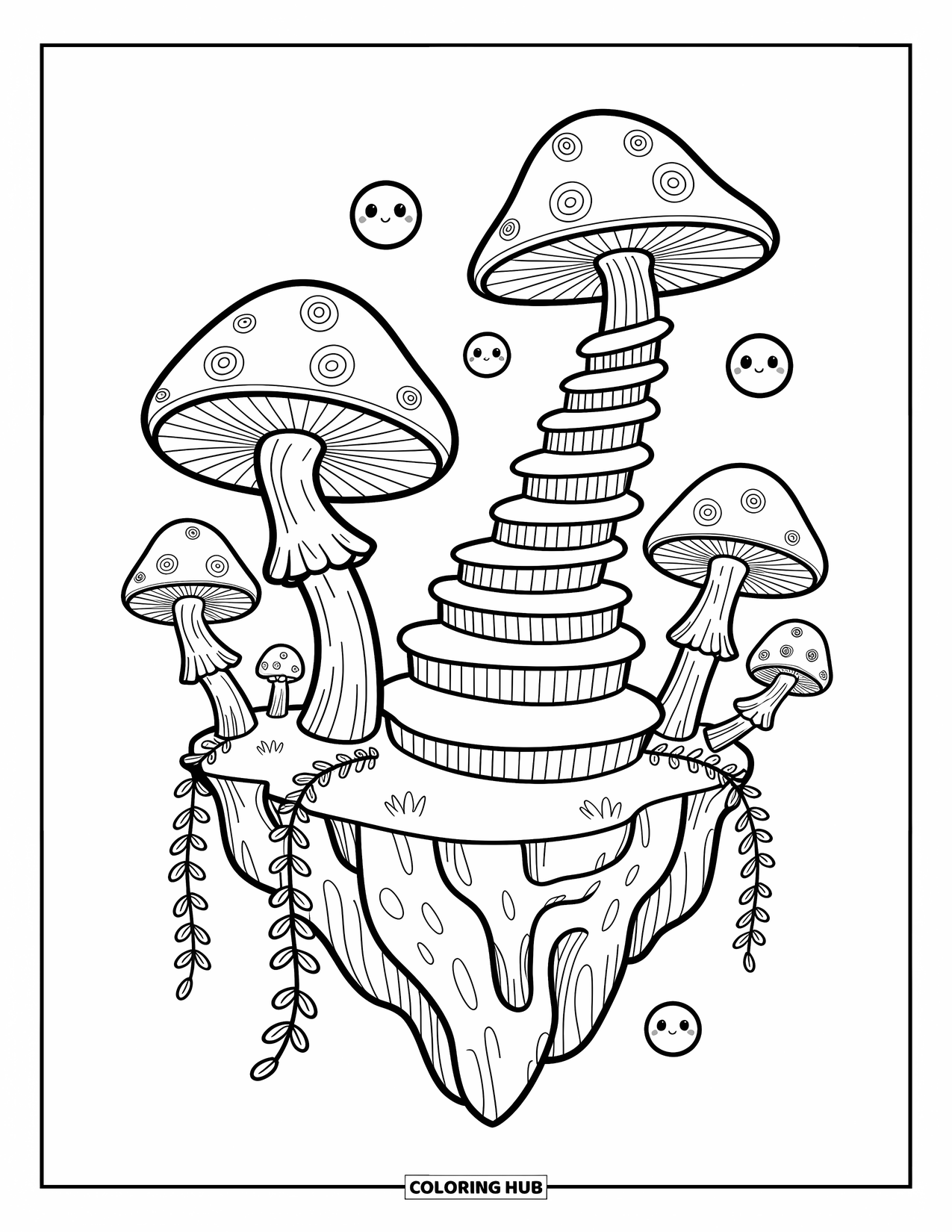 Trippy Mushroom Coloring Page for Adults: Spiral mushrooms twist up from floating islands with vines and glowing orbs