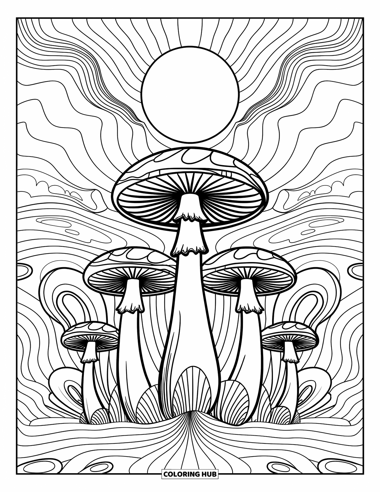 Trippy Mushroom Coloring Page for Adults: Towering mushrooms under a glowing moon rise above swirling patterns and sky waves