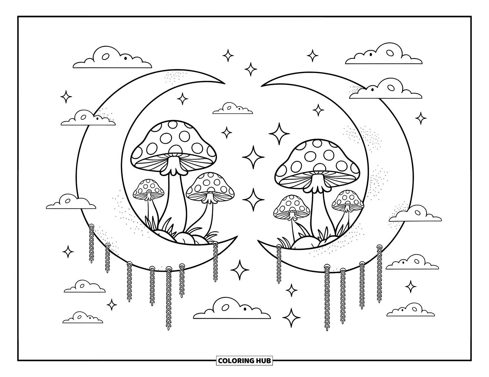 Trippy Mushroom Coloring Page for Adults: Trippy mushrooms sprout from moons and rocks in a sky filled with stars and vines