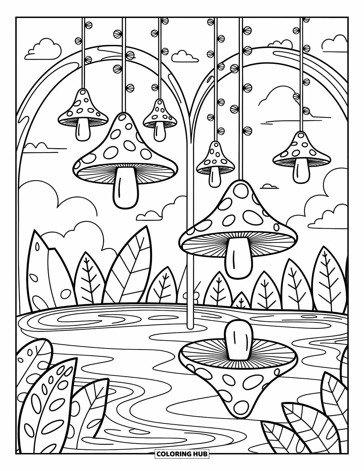 Trippy Mushroom Coloring Page for Adults: Upside-down mushrooms dangle over a reflective forest floor filled with swirls and leaves