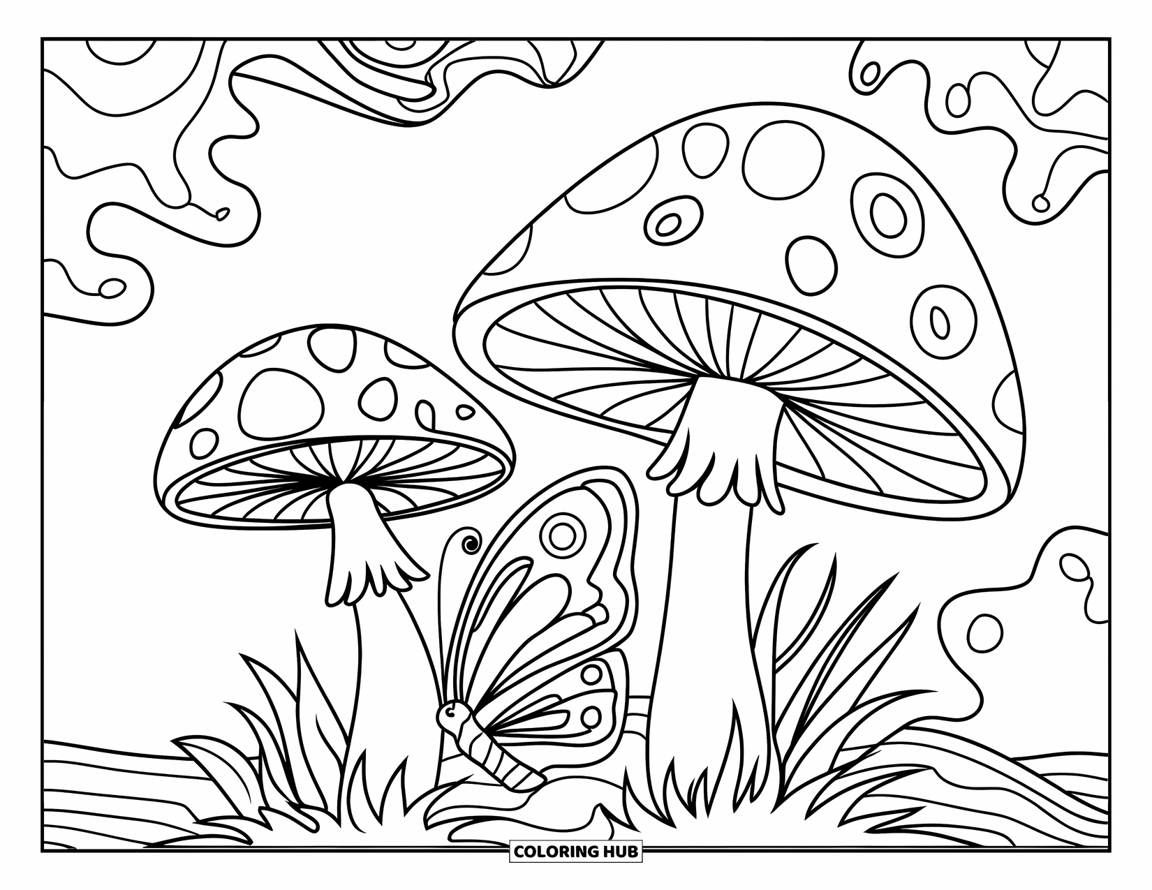 Trippy Mushroom Coloring Page for Kids: A butterfly rests near two trippy mushrooms under curly, swirling clouds