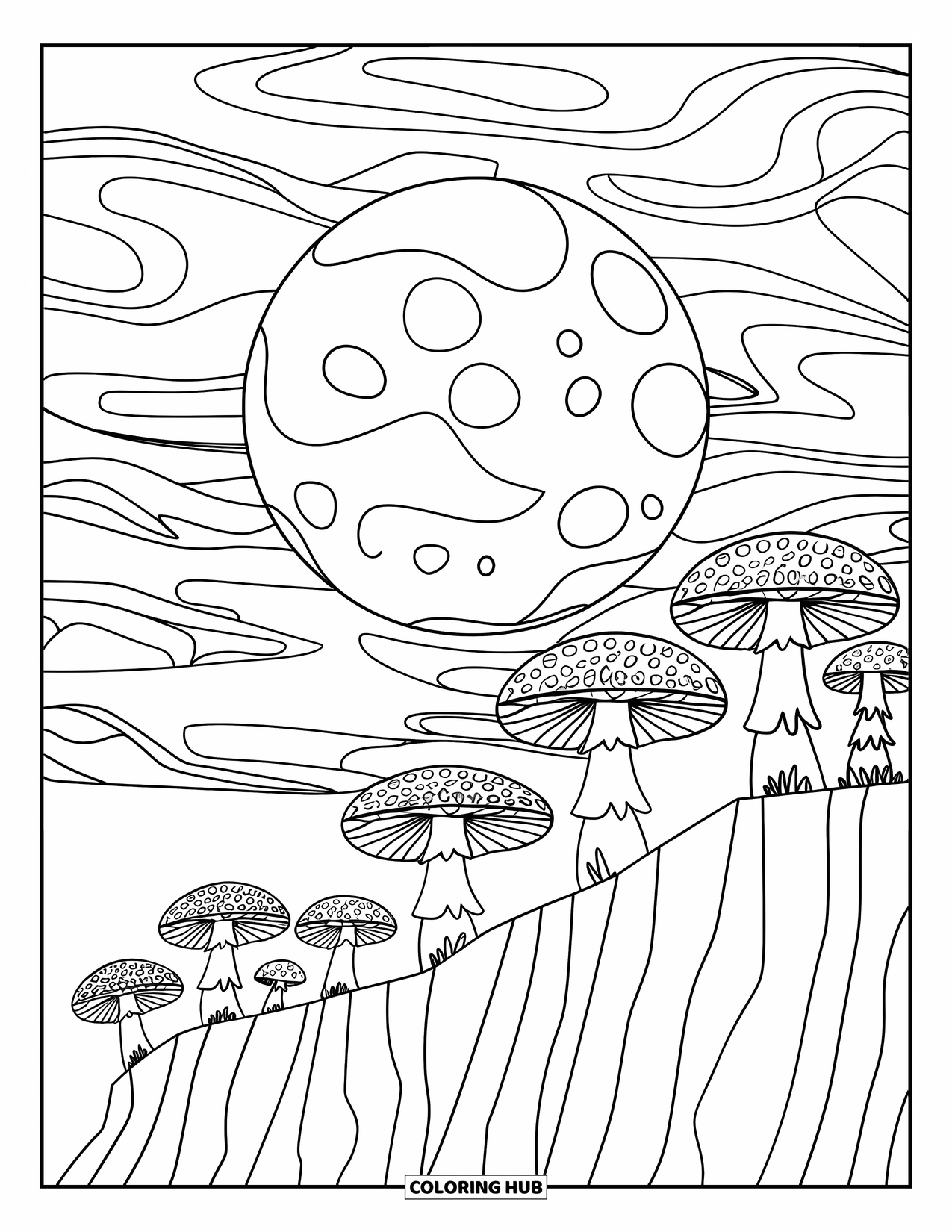 Trippy Mushroom Coloring Page for Kids: A cliff of mushrooms sits beneath a full moon with swirling abstract waves