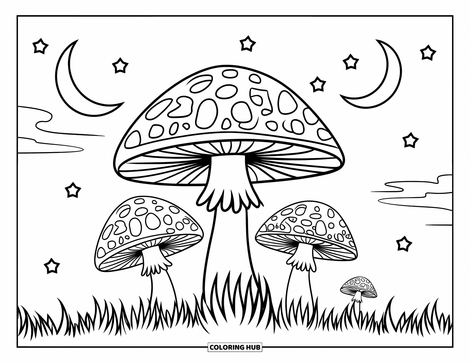 Trippy Mushroom Coloring Page for Kids: A crescent moon and stars shine over three swirling mushrooms