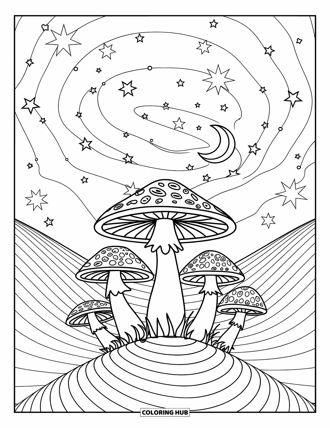 Trippy Mushroom Coloring Page for Kids: A dreamy sky and spiral hill hold five tall mushrooms with wild patterns