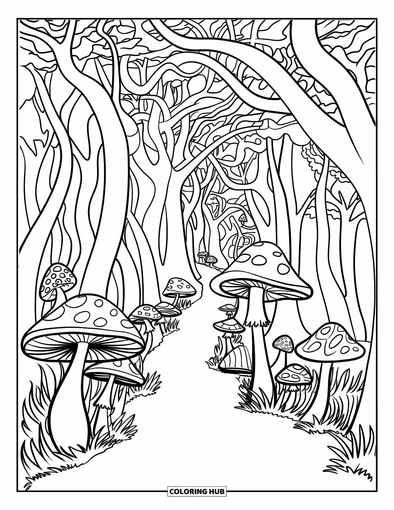 Trippy Mushroom Coloring Page for Kids: A forest trail winds between mushrooms under twisted tree branches