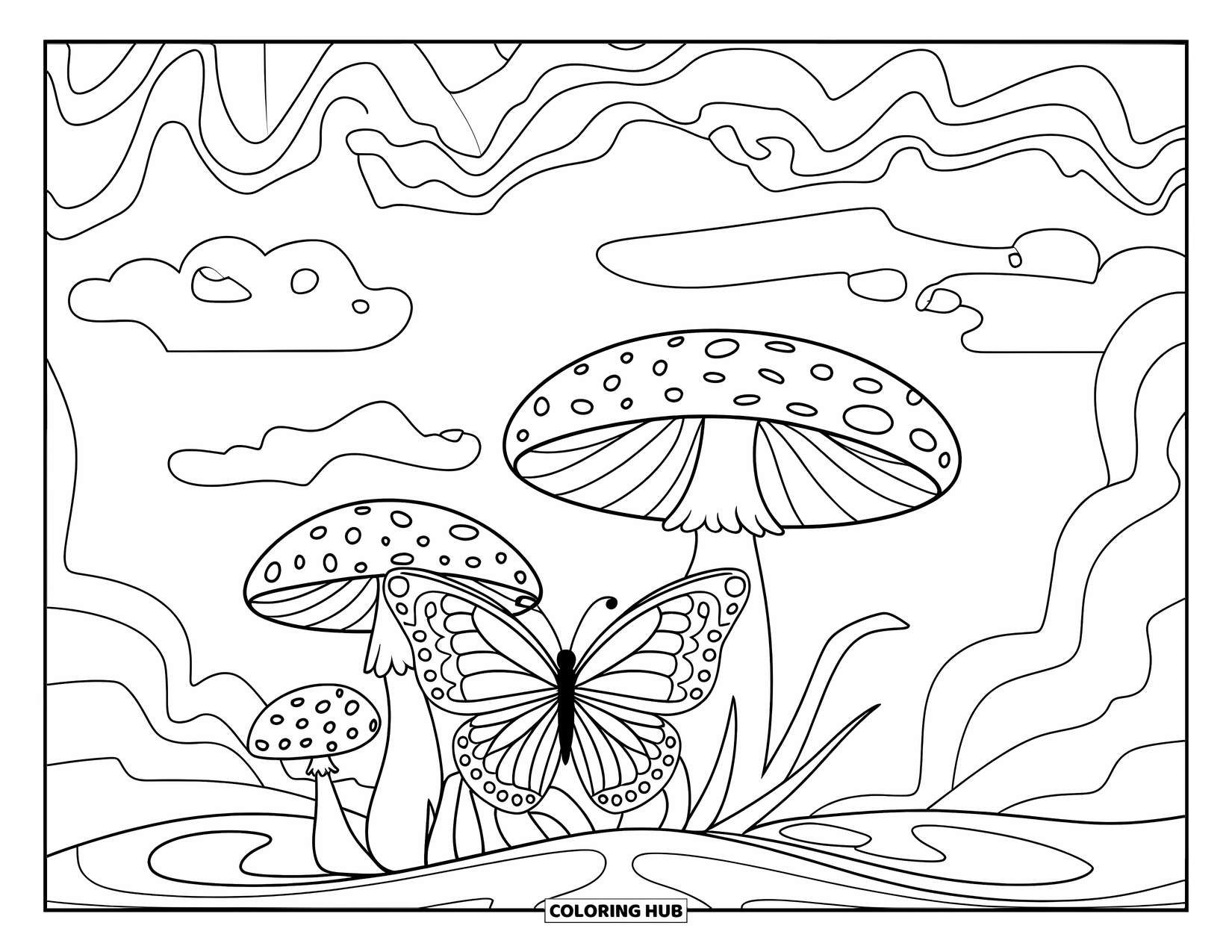 Trippy Mushroom Coloring Page for Kids: A little butterfly rests near two mushrooms beneath a swirling sky