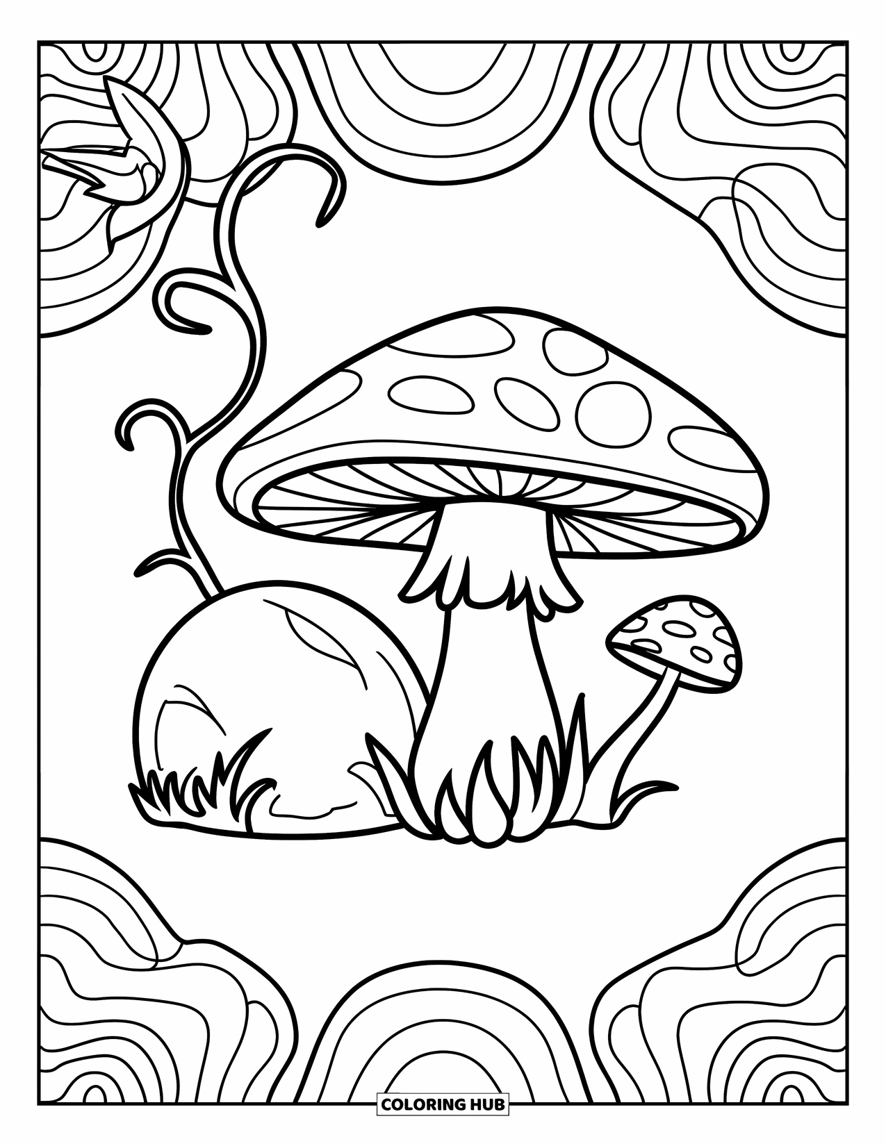 Trippy Mushroom Coloring Page for Kids: A mushroom, vine, and round rock sit in a playful scene