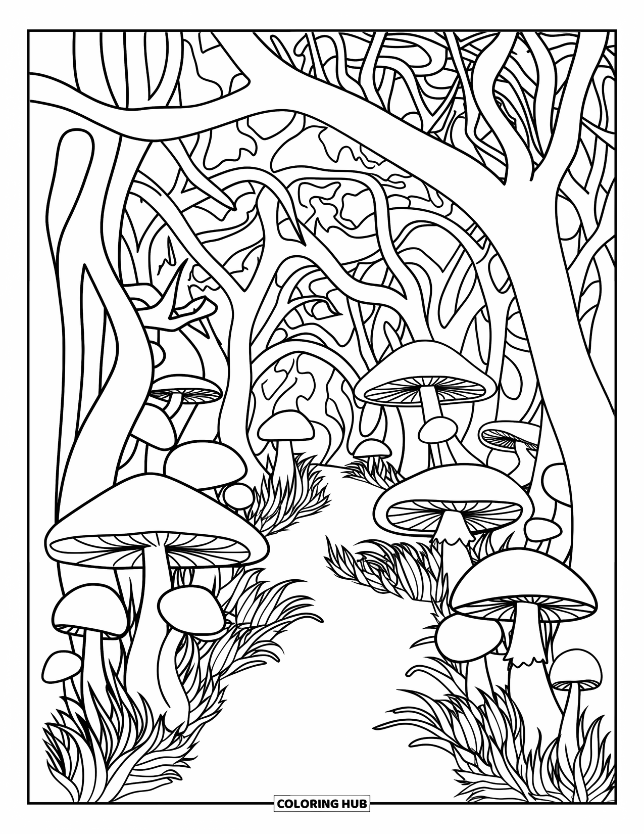 Trippy Mushroom Coloring Page for Kids: A peaceful forest trail with mushrooms and tangled trees forms a trippy, modern path