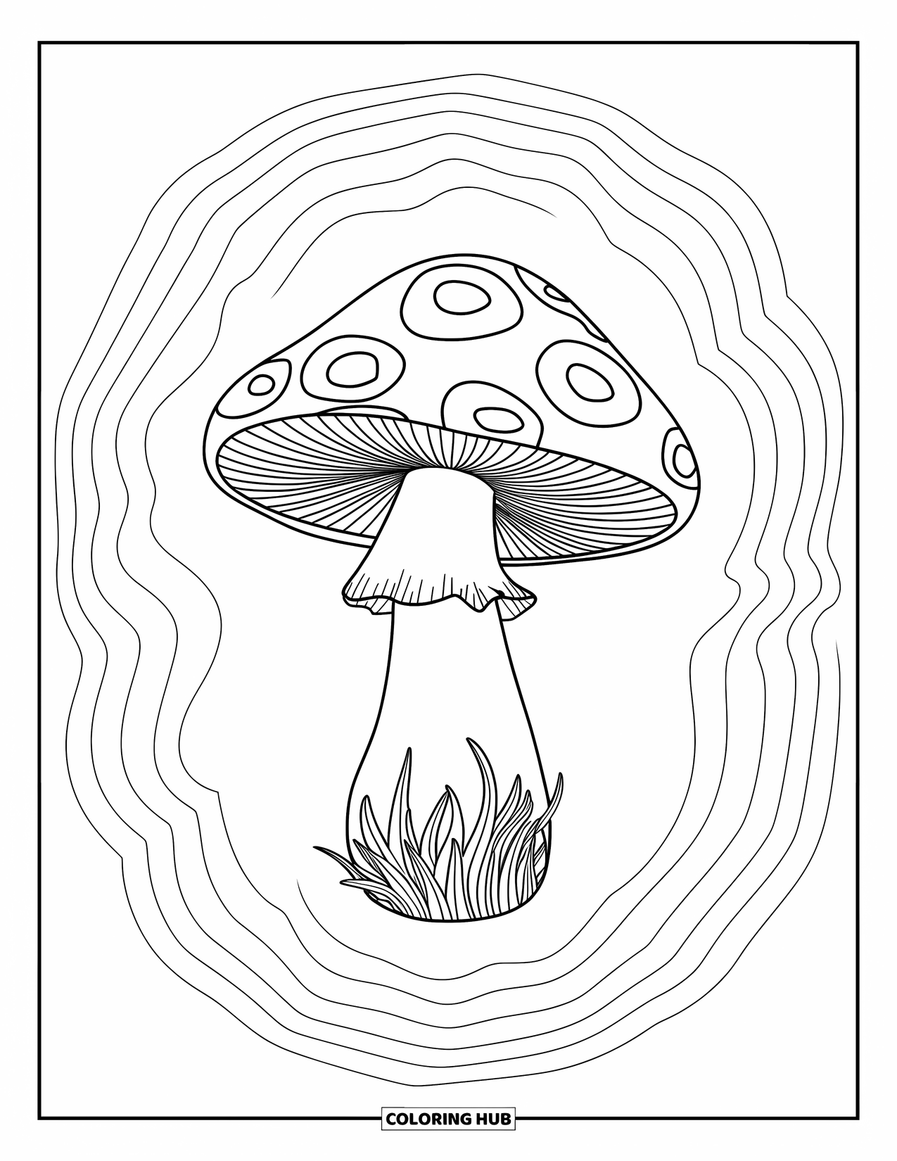 Trippy Mushroom Coloring Page for Kids: A spiral mushroom stands surrounded by thick, wavy lines