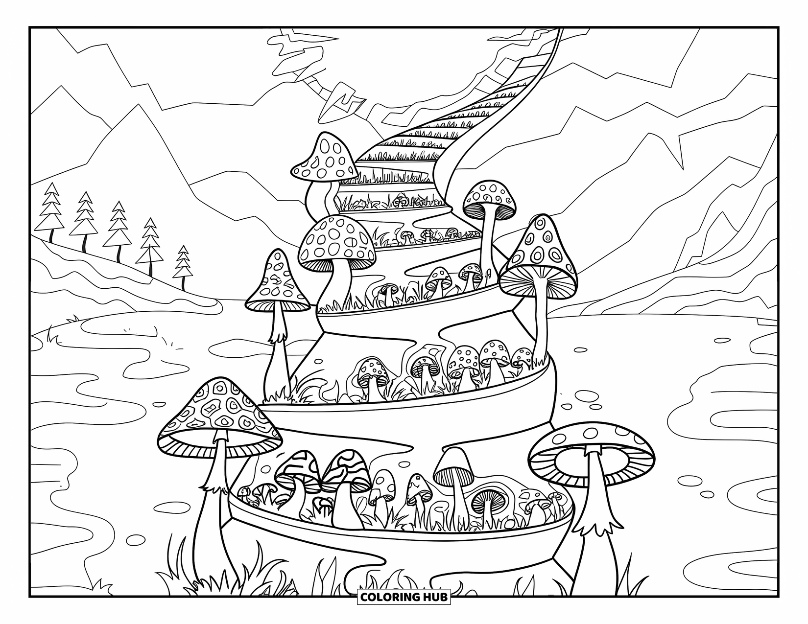 Trippy Mushroom Coloring Page for Kids: A spiral staircase with trippy mushrooms leads to a glowing light in a peaceful landscape