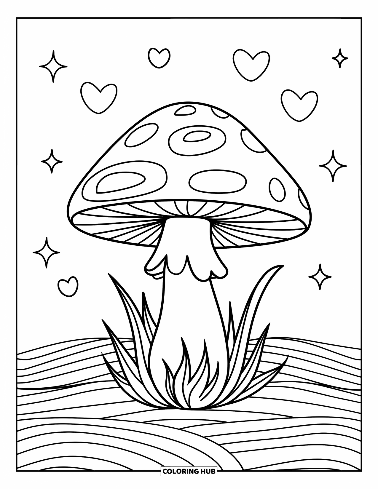 Trippy Mushroom Coloring Page for Kids: A swirling mushroom sits in a field with stars, hearts, and wavy lines