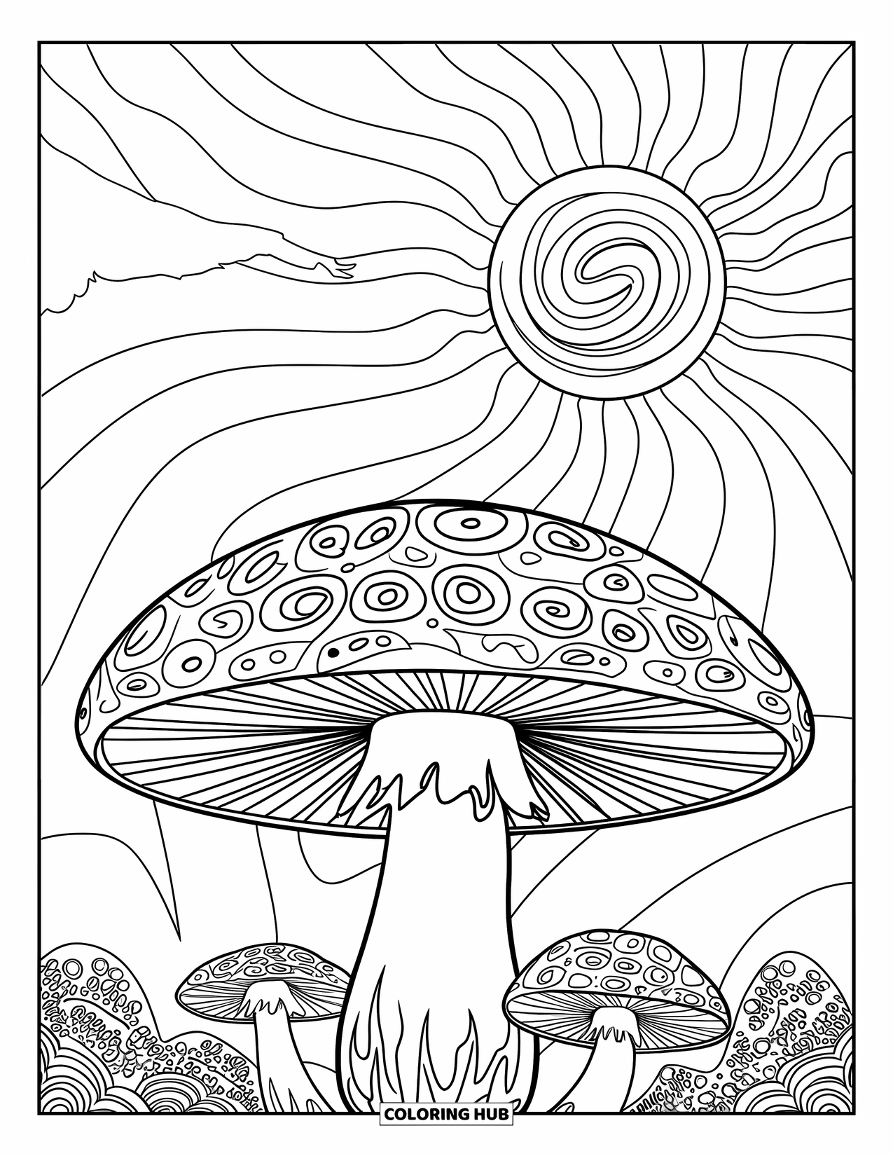 Trippy Mushroom Coloring Page for Kids: A swirly mushroom grows beneath a sun and wavy sky lines