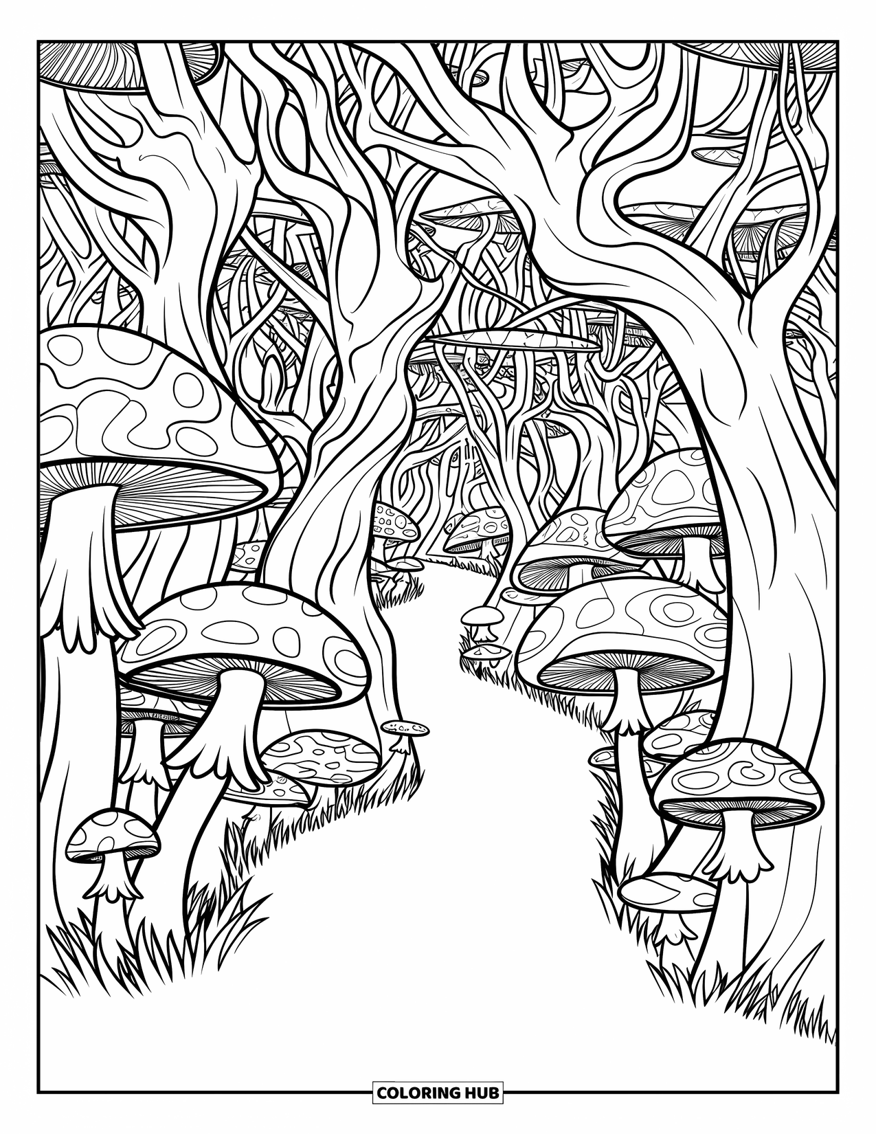 Trippy Mushroom Coloring Page for Kids: A twisty forest path is lined with large mushrooms and tangled trees