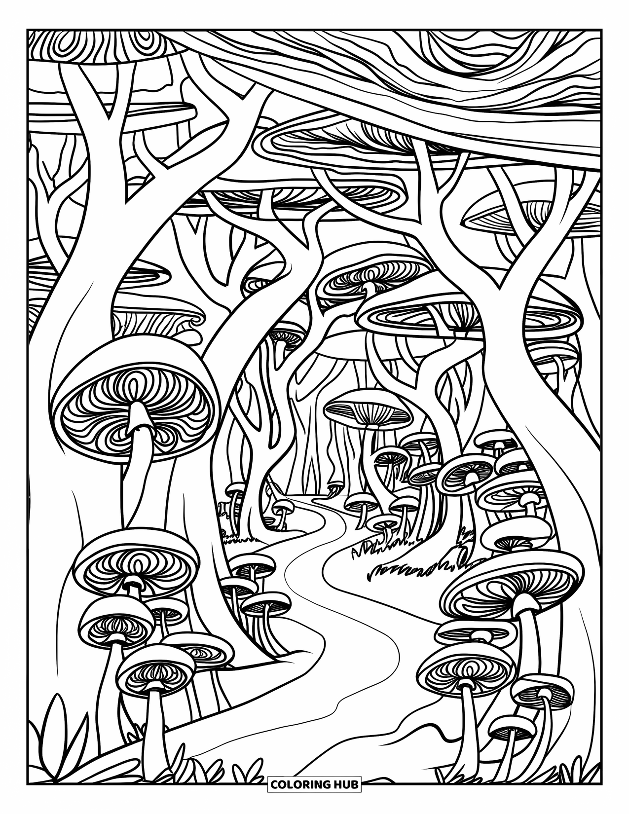 Trippy Mushroom Coloring Page for Kids: A winding trail cuts through mushrooms and twisted trees in a trippy forest