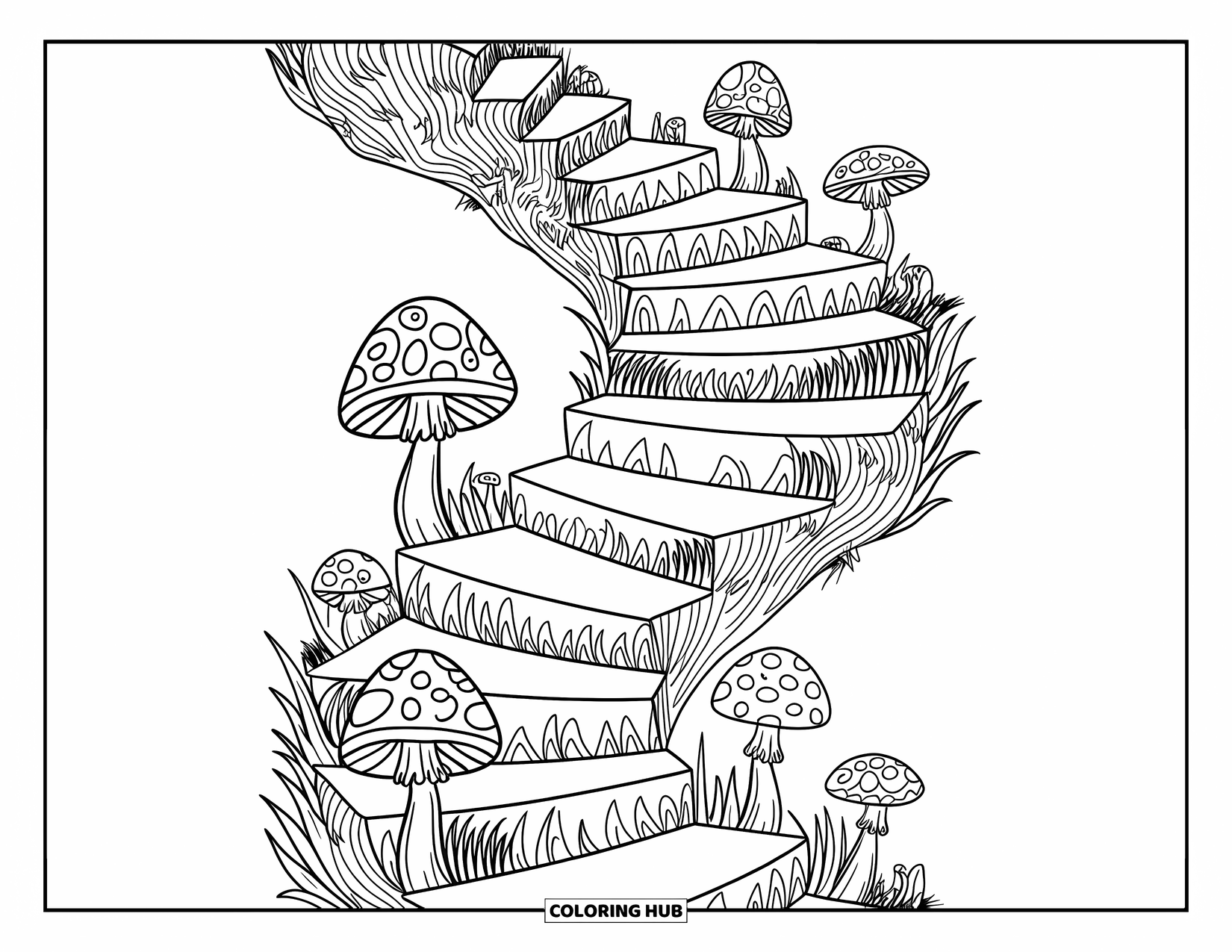 Trippy Mushroom Coloring Page for Kids: Each step on the earthy staircase holds a unique mushroom with a white, simple background